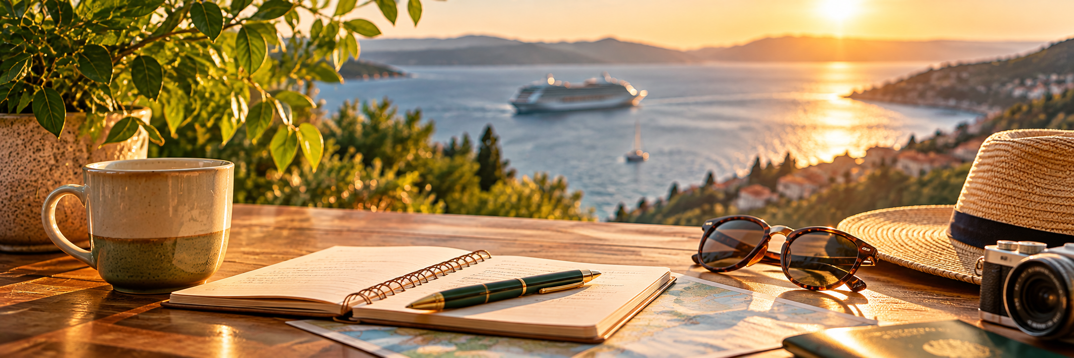 Coastal holiday scene overlooking a cruise ship at sunset, with a travel notebook, map, sunglasses and camera on a table.